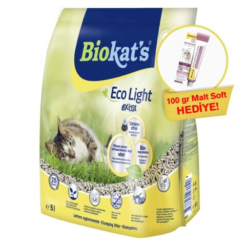Biokat's Pelet Kedi Kumu Eco Light Extra 5lt(Ötv Dahil)+ GimCat Malt Soft Extra 100 gr Hediyeli!