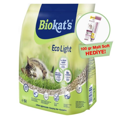 Biokat's Pelet Kedi Kumu Eco Light 5lt (Ötv Dahil)+ GimCat Malt Soft Extra 100 gr Hediyeli!
