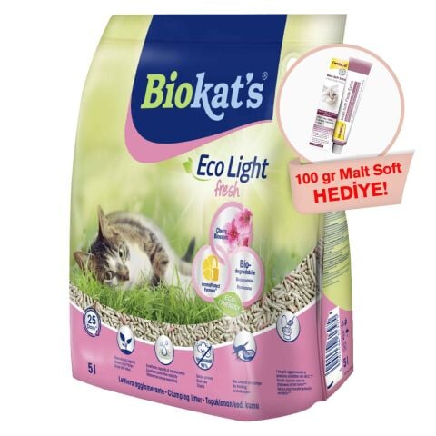 Biokat's Eco Light Fresh Cherry Blossom Pelet Kedi Kumu 5 lt (Ötv Dahil) + GimCat Malt Soft Extra 100 gr Hediyeli!