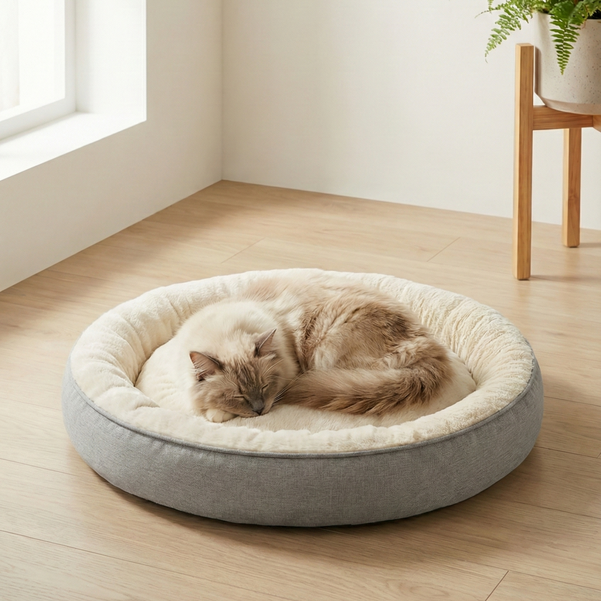 Bunny, Donut Şeklinde, Stres Azaltıcı, Yüksek Kaliteli Peluş Kumaşlı, Yıkanabilir Kedi ve Köpek Yatağı Gri - 52*52*14