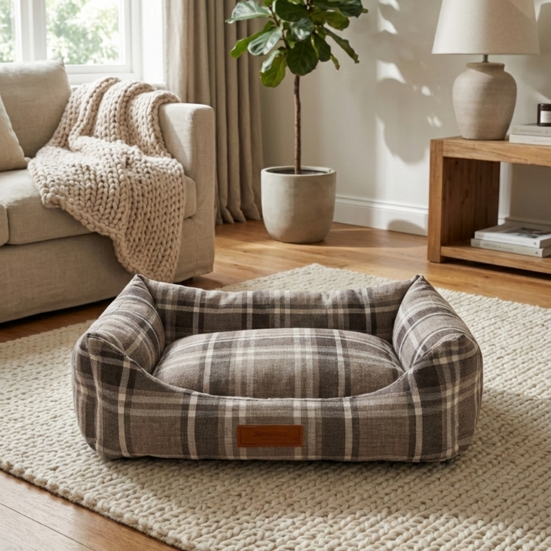 Comfy Pet, Premium Dokuma Kumaş, Çıkarılabilir Minder, Yıkanabilir,Destekleyici Kedi ve Köpek Yatağı Ekose Krem - 48*62*17