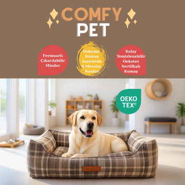 Comfy Pet, Premium Dokuma Kumaş, Çıkarılabilir Minder, Yıkanabilir,Destekleyici Kedi ve Köpek Yatağı Ekose Gri - 76*98*24