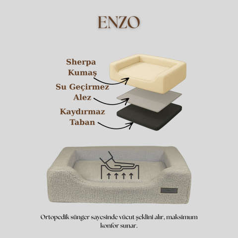 Enzo, Ortopedik Süngerli, Çıkarılabilir Kılıflı, Su Geçirmez Alezli, Tasarım Kedi ve Köpek Yatağı
