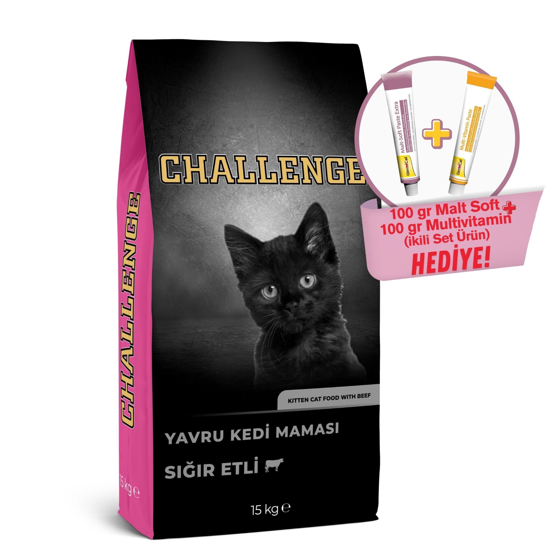 Challenge Sığır Etli Yavru Kedi Maması 15 Kg + GimCat Malt Soft Extra 100 gr & GimCat Multivitamin 100 gr 2'li Set Ürün Hediyeli!