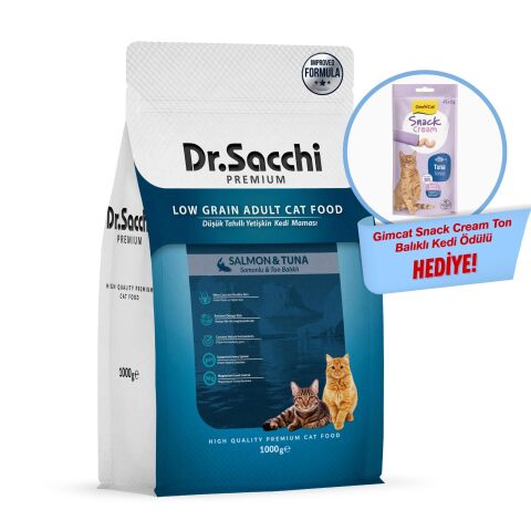 Dr.Sacchi Premium Düşük Tahıllı Somonlu Ve Ton Balıklı Yetişkin Kedi Maması 1 Kg + Gimcat Snack Cream Ton Balıklı Kedi Ödülü Hediyeli!