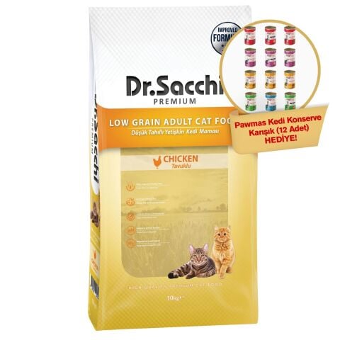 Dr.Sacchi Düşük Tahıllı Tavuklu Yetişkin Kedi Maması 10kg+ Pawmas Kedi Konserve Karışık 12'li Hediyeli!