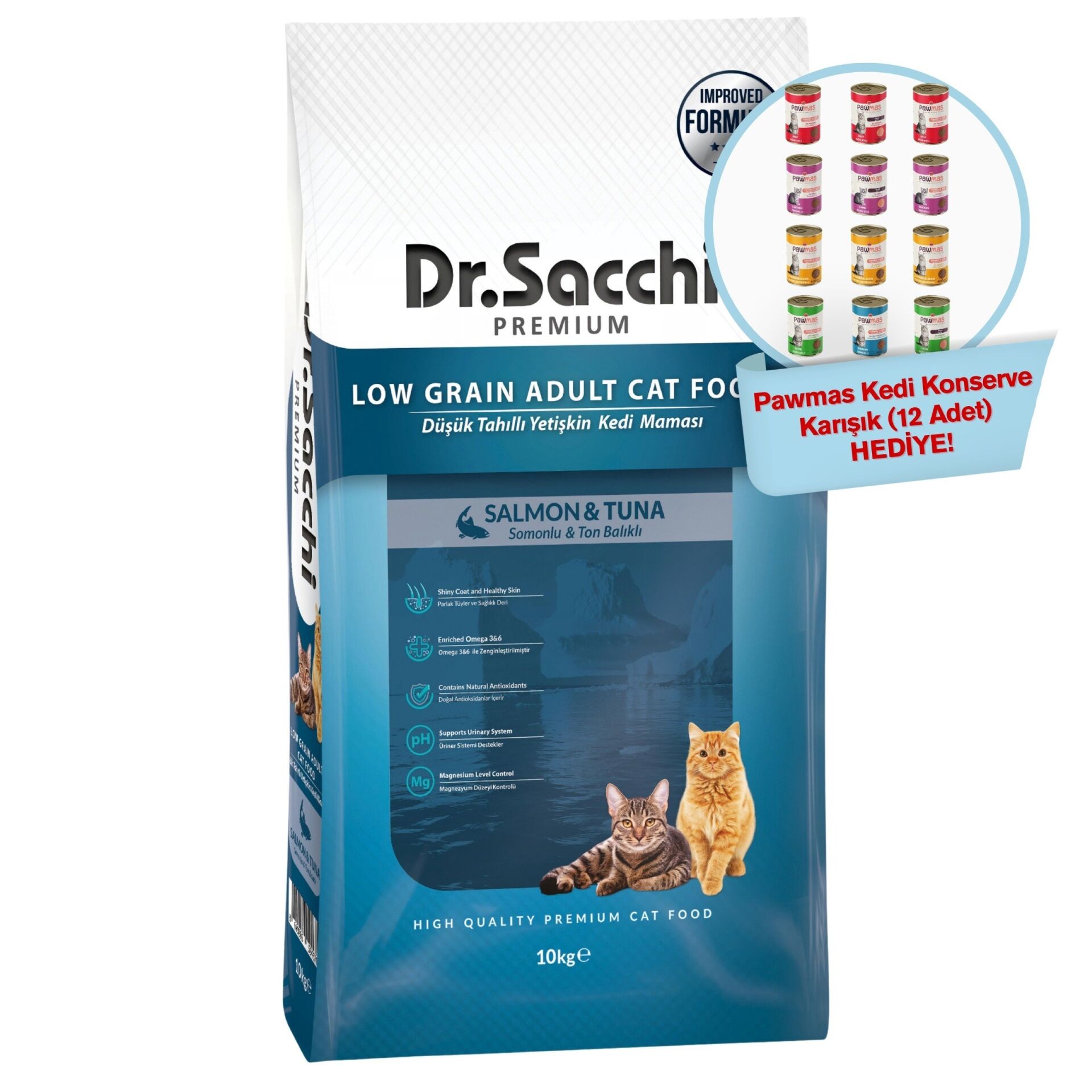 Dr.Sacchi Düşük Tahıllı Somonlu Ve Ton Balıklı Yetişkin Kedi Maması 10Kg+ Pawmas Kedi Konserve Karışık 12'li Hediyeli!