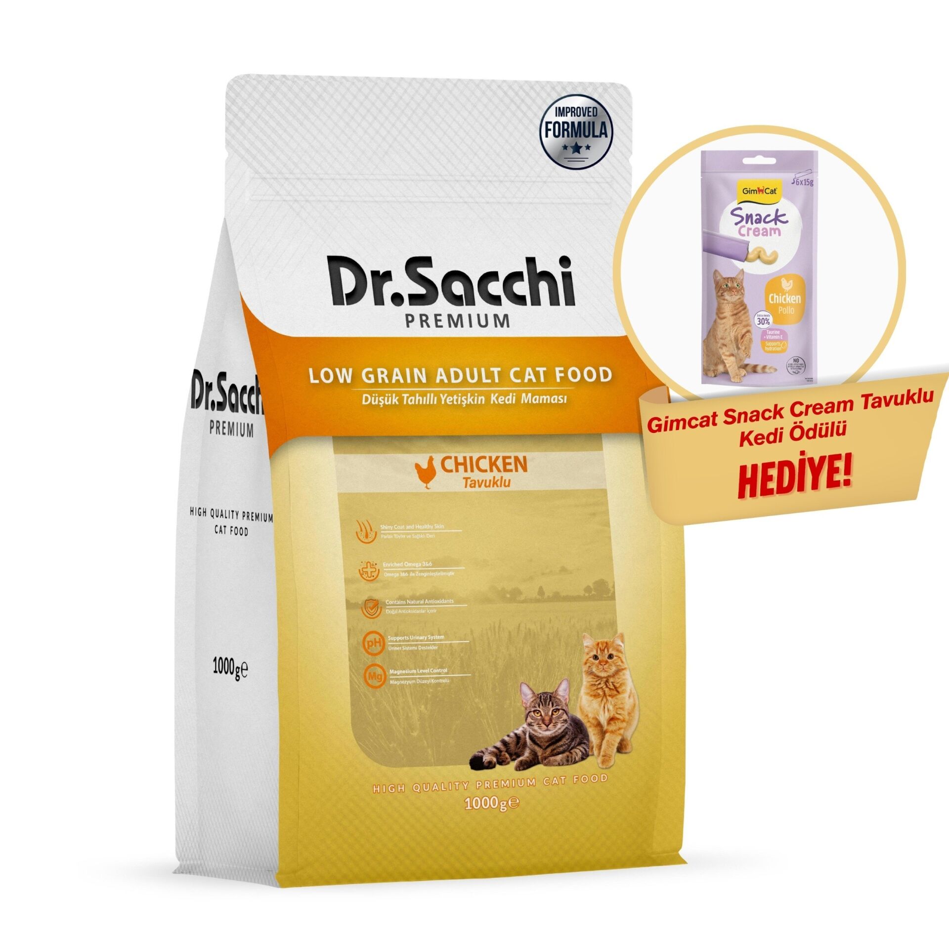 Dr.Sacchı Premıum Düşük Tahıllı Tavuklu Yetişkin Kedi Maması 1 Kg + Gimcat Snack Cream Tavuklu Kedi Ödülü Hediyeli!