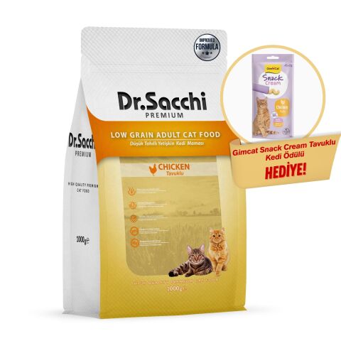 Dr.Sacchı Premıum Düşük Tahıllı Tavuklu Yetişkin Kedi Maması 1 Kg + Gimcat Snack Cream Tavuklu Kedi Ödülü Hediyeli!