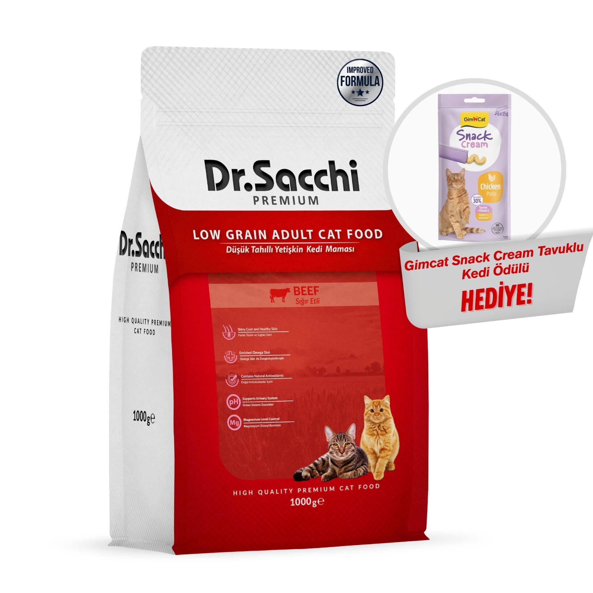 Dr.Sacchi Premıum Düşük Tahıllı Sığır Etli Yetişkin Kedi Maması 1 Kg + Gimcat Snack Cream Tavuklu Kedi Ödülü Hediyeli!