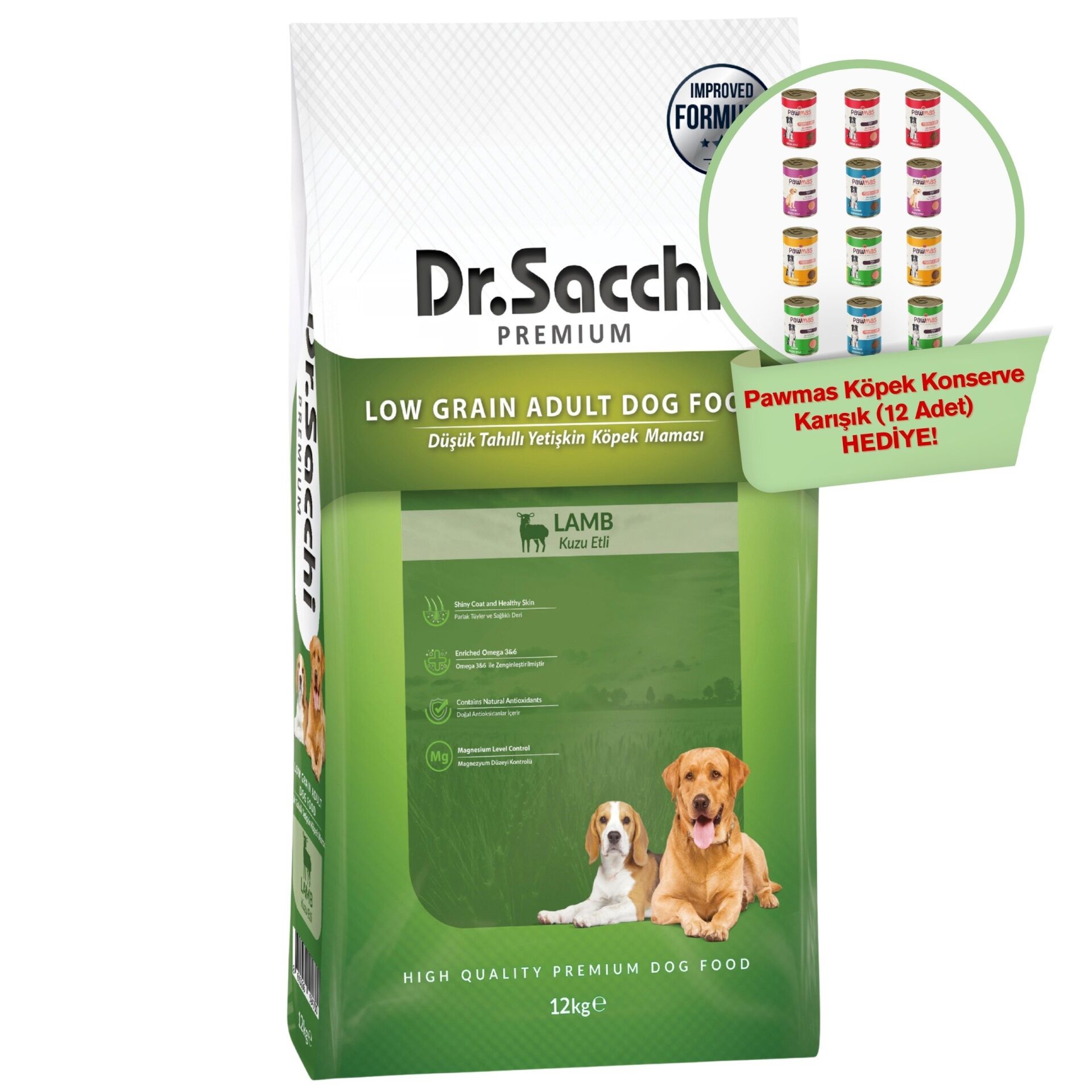 Dr.Sacchi Düşük Tahıllı Kuzu Etli Yetişkin Köpek Maması 12kg+ Pawmas Köpek Konserve Karışık 12'li Hediyeli!