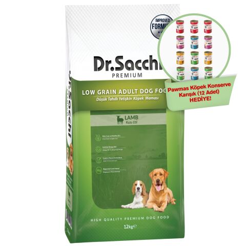 Dr.Sacchi Düşük Tahıllı Kuzu Etli Yetişkin Köpek Maması 12kg+ Pawmas Köpek Konserve Karışık 12'li Hediyeli!