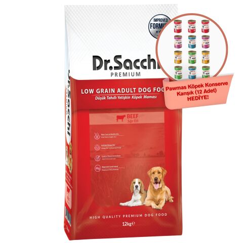 Dr.Sacchi Düşük Tahıllı Sığır Etli Yetişkin Köpek Maması 12kg+ Pawmas Köpek Konserve Karışık 12'li Hediyeli!