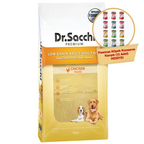 Dr.Sacchi Düşük Tahıllı Tavuklu Yetişkin Köpek Maması 12kg+ Pawmas Köpek Konserve Karışık 12'li Hediyeli!